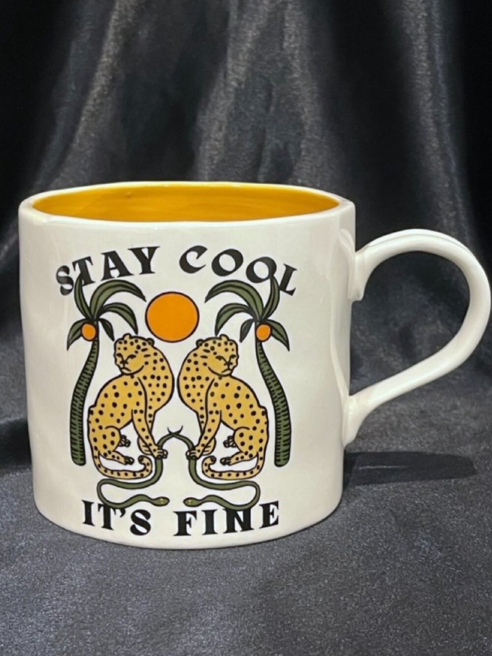 Anthropologie Real Fun Wow Stay Cool It's Fine Leopard Coffee Mug Yellow Inside